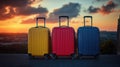 Three suitcases and bags stacked on a table, possibly in an airport or travel setting Royalty Free Stock Photo