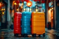 Three suitcases of different colors are standing upright next to each other on sidewalk in front of building with red Royalty Free Stock Photo