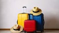 Three suitcases, red textile & blue hard shell luggage, extended telescopic handle, straw hat, yellow beach bag, AI Generative Royalty Free Stock Photo