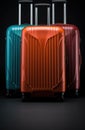 Three suitcases with wheels on a black background, AI