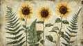 Three Sunflowers and Ferns on a Grunge Background Royalty Free Stock Photo