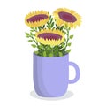 Three sunflowers in purple cup, bright yellow petals and green leaves arrangement. Summer flowers and home decoration