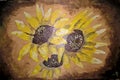 Three sunflowers. Handmade drawing, acrylic/wood.