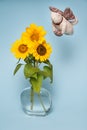 Three sunflowers in vase with water. Cat flyer.