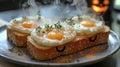 Three Sunny Side Up Eggs On Toast With Thyme And Sesame Seeds Royalty Free Stock Photo