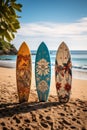 Three surf boards with vivid and eye-catching designs standing gracefully in the sand of a stunning beach