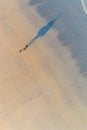 three surfers walking along a beach at sunrise with their surfboards, aerial drone top view Royalty Free Stock Photo