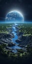 Sci-fi Landscape Flowing River In Beautiful Sky With Planet View Royalty Free Stock Photo