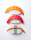 Three Sushi Pieces Overhead Close Up Paper Art on White Background Royalty Free Stock Photo