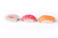 Three sushi in a row isolated at white background