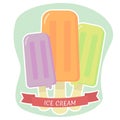 Ice cream on stick flat icon in white stroke on background with red ribbon.