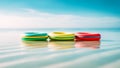 Three swimming ring floating in beautiful calm blue sea on blurred sky background