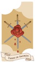 Three of swords. Rose pierced by three swords on clouds background. Blood drops