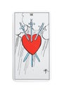 The Three of Swords tarot card on white background, top view