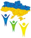 Three symbolic figures with raised hands and a map of Ukraine on top in the colors of the Ukrainian flag. Inscription - Ukraine Fo