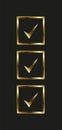 Three symbols of check Boxes in gold color concepts and selection symbol, icon, mark Vector Illustration