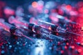 Three syringes filled with liquid positioned on a reflective surface illuminated by vibrant blue and red neon lights creating a Royalty Free Stock Photo