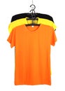 Three t-shirt template on hange isolated on white Royalty Free Stock Photo