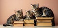 Three tabby kittens resting on a stack of books, studying together in peaceful harmony. Generative AI Royalty Free Stock Photo