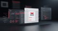 Three tablet screens displaying futuristic data analytics dashboard with graphs charts and red email icon on black background Royalty Free Stock Photo