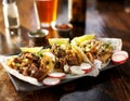 three tacos with beer Royalty Free Stock Photo