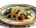 Three tacos with green and red trim sit on a plate, mexican food stock photo Royalty Free Stock Photo