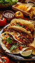 Three tacos on a plate with salsa and tortillas Royalty Free Stock Photo