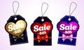 Three tags for Valentine`s Day with hearts and text Sale. Vector