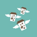 Three take-out flying coffee cups with wings. disposable cardboard cup of coffee