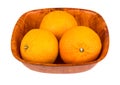 Three tangerine in bamboo bowl on white