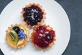 Three Tarttlets with Cream and Fruits, Berries on White Round Plate over Dark Background. Top View. Flat Lay Royalty Free Stock Photo