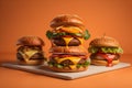 Three tasty cheeseburgers on cutting board over orange background. generative ai Royalty Free Stock Photo