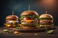 Three tasty cheeseburgers on wooden board over dark background. generative ai Royalty Free Stock Photo