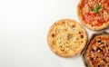 Three tasty pizza on white background, space for text