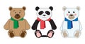 Three teddy bears: panda, teddy, polar bear, sitting in multicolor scarves Royalty Free Stock Photo