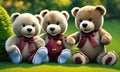 Three teddy bears sitting in a beautiful garden, with two of them being baby bears wearing blue booties. Generative AI Royalty Free Stock Photo