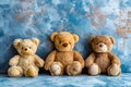 Three teddy bears sitting on blue background. Generative AI Royalty Free Stock Photo