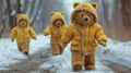 Three teddy bears wearing yellow jackets walking down a snowy road, AI Royalty Free Stock Photo