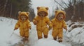 Three teddy bears in yellow outfits walking down a snowy road, AI Royalty Free Stock Photo