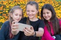 Three teen girls take a selfie on Phone on a sunny day and laugh.