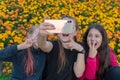 Three teen girls take a selfie on Phone on a sunny day and laugh. Girls are showing victory sign with their fingers