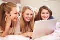 Three Teenage Girls Using Laptop In Bedroom Royalty Free Stock Photo