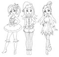 Three teenage girls wearing christmas elf costume. Contour picture for coloring book or paper doll.