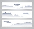 Three template design layout of web banner with morning foggy mountains background.