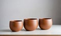 Three terracotta pots of varying sizes are arranged in a row on a white surface Royalty Free Stock Photo