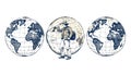 Three Terrestrial Globes World Map Earth, vector design Generative AI Royalty Free Stock Photo