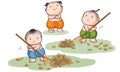 Three Thai kids sweep the leaves Royalty Free Stock Photo