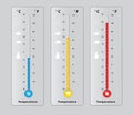 Three thermometers with different temperatures, cold, hot, medium