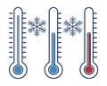 Three thermometers showing different temperatures with snowflakes indicating cold weather concept Royalty Free Stock Photo
