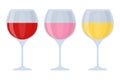 Three thin glasses with wine, white, red, pink Royalty Free Stock Photo